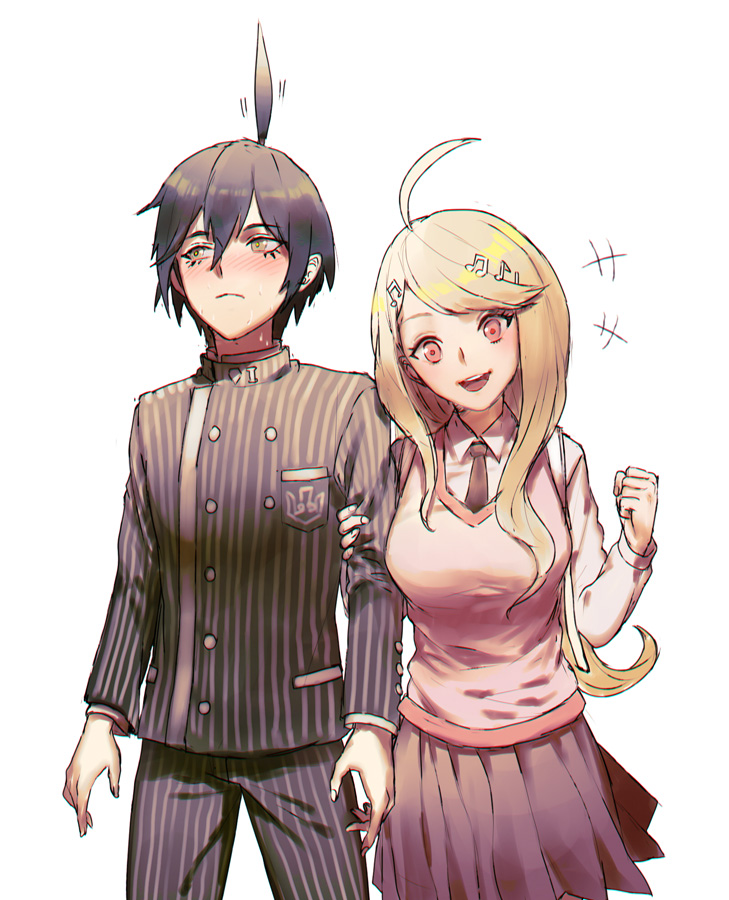 1boy 1girl :d ahoge akamatsu_kaede arm_holding arms_at_sides backpack bag bangs black_hair black_jacket black_necktie black_pants blonde_hair blush breasts clenched_hand closed_mouth collared_shirt cowboy_shot dangan_ronpa eyelashes fingernails frown hair_between_eyes hand_on_another's_arm hetero jacket kitsune_n long_hair long_sleeves looking_at_viewer looking_away medium_breasts miniskirt motion_lines musical_note musical_note_hair_ornament necktie new_dangan_ronpa_v3 open_mouth pants pleated_skirt pocket quaver red_eyes saihara_shuuichi school_uniform semiquaver shiny shiny_hair shirt side_glance simple_background skirt smile striped sweater_vest swept_bangs vertical_stripes white_background white_shirt