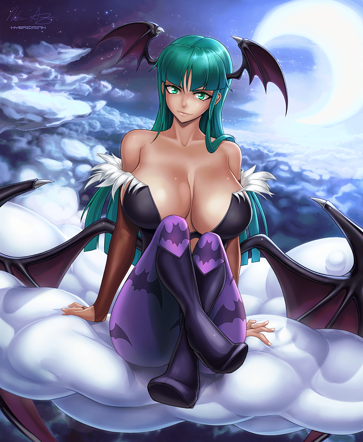 &gt;:) 1girl above_clouds animal_print arm_support backlighting bare_shoulders bat_print bat_wings black_boots boots breasts bridal_gauntlets cleavage closed_mouth collarbone crescent_moon crossed_ankles demon_girl foreshortening full_body green_eyes green_hair head_wings heart_cutout high_heel_boots high_heels hybridmink large_breasts long_hair looking_at_viewer low_wings moon morrigan_aensland night pantyhose print_legwear purple_legwear sitting smile solo succubus vampire_(game) wings