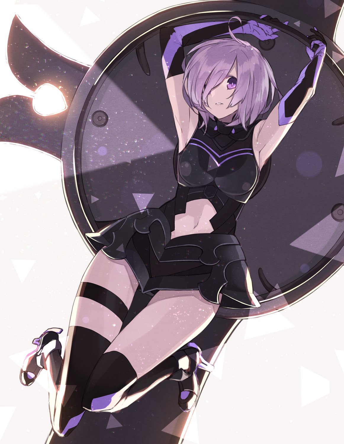 1girl ahoge armor armored_dress armpits arms_up backlighting bangs black_gloves black_legwear breasts dutch_angle elbow_gloves eyebrows_visible_through_hair fate/grand_order fate_(series) gloves hair_over_one_eye high_heels highres holding_shield looking_at_viewer medium_breasts navel navel_cutout parted_lips purple_gloves purple_hair senmu shade shield shielder_(fate/grand_order) short_hair solo thigh-highs thigh_strap thighs triangle violet_eyes