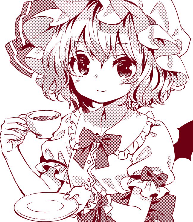 1girl ama-tou bat_wings blush bow buttons collar collarbone cup eyebrows_visible_through_hair eyelashes fingernails frills hair_between_eyes halftone hat hat_ribbon holding holding_cup looking_at_viewer mob_cap monochrome neck_ribbon puffy_short_sleeves puffy_sleeves red remilia_scarlet ribbon ribbon-trimmed_sleeves ribbon_trim saucer short_hair short_sleeves simple_background smile solo tareme tea teacup touhou upper_body white_background wings wristband