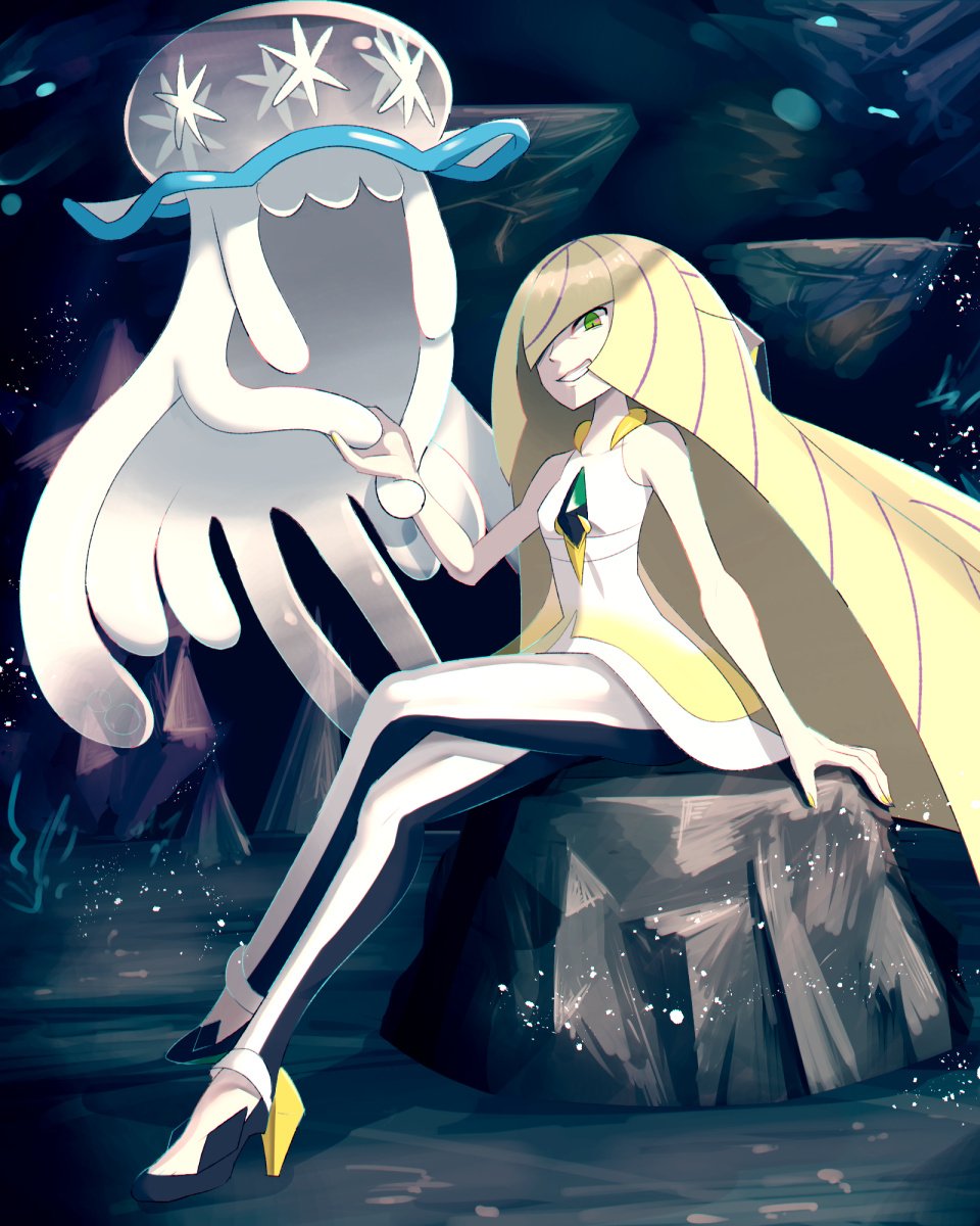 1girl bare_shoulders blonde_hair boulder breasts cave clenched_teeth diamond_(shape) dress full_body gonzarez green_eyes hair_over_one_eye high_heels highres leggings legs legs_crossed long_hair looking_at_viewer lusamine_(pokemon) mature nail_polish nihilego pokemon pokemon_(creature) pokemon_(game) pokemon_sm sitting sleeveless sleeveless_dress smile teeth tentacle thighs ultra_beast very_long_hair yellow_nails