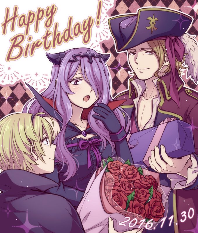 1girl 2boys black_gloves blonde_hair bouquet brother_and_sister brothers camilla_(fire_emblem_if) fire_emblem fire_emblem_if flower gift gloves hair_over_one_eye hairband happy_birthday hat hiyori_(rindou66) leon_(fire_emblem_if) long_hair long_sleeves marx_(fire_emblem_if) multiple_boys open_mouth pirate_hat purple_hair short_hair siblings smile