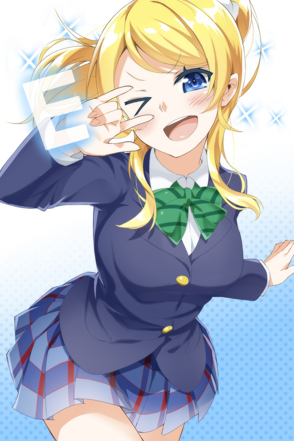 &gt;;d 1girl ;d \m/ ayase_eli blazer blonde_hair blue_eyes blue_skirt bow bowtie green_bow green_bowtie heirou jacket long_hair long_sleeves looking_at_viewer love_live! love_live!_school_idol_project one_eye_closed open_mouth pleated_skirt ponytail school_uniform skirt smile solo sparkle striped striped_bow striped_bowtie