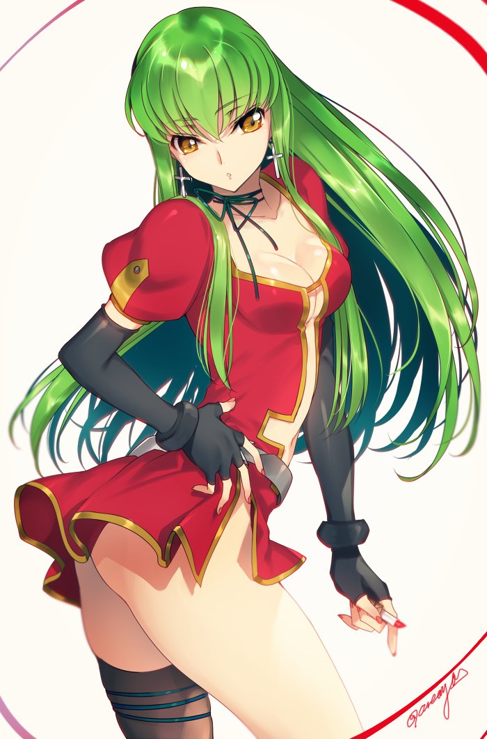 1girl ass black_gloves breasts c.c. cleavage code_geass cosplay creayus dress earrings eclair_(kiddy_grade) eclair_(kiddy_grade)_(cosplay) elbow_gloves fingerless_gloves gloves green_hair hand_on_hip jewelry kiddy_grade lipstick_tube long_hair nail_polish navel red_nails simple_background single_thighhigh solo thigh-highs twitter_username white_background yellow_eyes