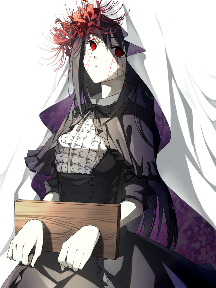 1girl akemi_homura bangs bdsm black_dress black_hair bondage bound capelet corset dress empty_eyes expressionless flower frilled_blouse fumio_(kanmi) funeral_dress hair_between_eyes hair_flower hair_ornament homulilly long_hair looking_at_viewer mahou_shoujo_madoka_magica parted_lips personification red_eyes red_flower restrained simple_background sleeves_rolled_up solo spider_lily veil white_background witch_(madoka_magica)