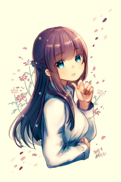 1girl artist_name azu_torako bangs blue_eyes brown_hair collared_shirt dated eyebrows_visible_through_hair floral_background from_side grey_background half_updo long_hair looking_at_viewer original parted_lips petals shirt signature simple_background solo upper_body white_shirt