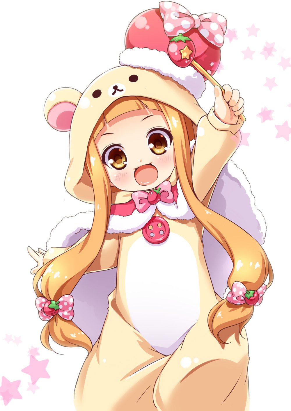 1girl animal_costume arm_up bear_costume brown_eyes brown_hair cape hat highres holding hood ichihara_nina idolmaster idolmaster_cinderella_girls kuwada_yuuki long_hair open_mouth smile solo