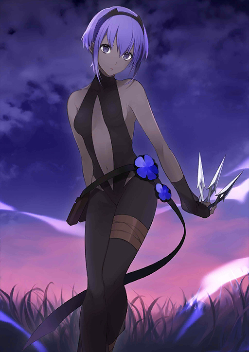 1girl assassin_(fate/prototype_fragments) black_gloves black_hairband breasts fate/grand_order fate/prototype fate/prototype:_fragments_of_blue_and_silver fate_(series) fingerless_gloves gloves grass hairband holding holding_weapon looking_at_viewer navel outdoors purple_hair short_hair sideboob small_breasts solo violet_eyes weapon