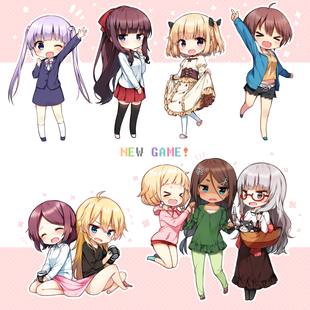 &gt;:3 &gt;:d &gt;_&lt; +++ 6+girls :&lt; :3 :d ;d ^_^ ahagon_umiko ahoge anger_vein arm_up back-to-back bag barefoot beige_dress beige_skirt black_legwear black_ribbon black_shorts blazer blonde_hair blue_eyes blue_jacket blush bow brown_eyes brown_hair brown_skirt cat cellphone chibi clenched_hand clenched_hands closed_eyes closed_mouth clothes_writing collarbone collared_shirt copyright_name corset crop_top cup dark_skin dress_shirt english eyebrows_visible_through_hair flat_chest flying_sweatdrops formal frills full_body glasses green_pants green_shirt grey_hair hair_between_eyes hair_bobbles hair_bow hair_ornament hair_ribbon half_updo hazuki_shizuku head_tilt high_ponytail holding holding_phone hood hoodie iijima_yun jacket juliet_sleeves jumping kneehighs lavender_hair leg_up long_hair long_sleeves looking_at_another looking_at_viewer low_twintails midriff mug multiple_girls neck_ribbon new_game! no_pants one_eye_closed open_clothes open_jacket open_mouth orange_shirt outstretched_arm pants pantyhose parted_lips pencil_skirt phone pink_ribbon pointing pointing_up puffy_sleeves purple_hair red-framed_eyewear red_bow red_shorts red_skirt ribbon sakura_nene sandals seiza semi-rimless_glasses shared_blanket shinoba shinoda_hajime shirt shoes short_hair shorts sitting skirt skirt_hold sleeves_past_wrists slippers smartphone smile sparkle suit suzukaze_aoba sweatdrop takimoto_hifumi thick_eyebrows thigh-highs tooyama_rin twintails two_side_up under-rim_glasses very_long_hair violet_eyes waving white_background white_legwear white_pants white_shirt wing_collar x_hair_ornament yagami_kou zettai_ryouiki