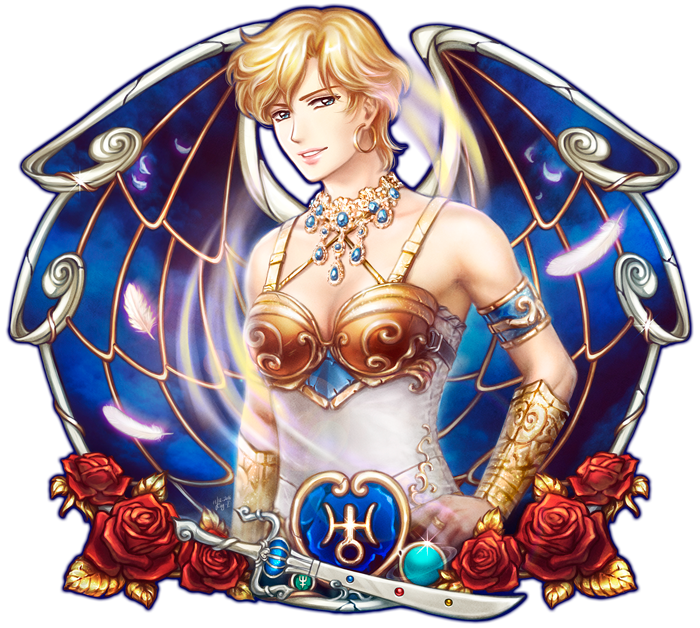 1girl armlet bishoujo_senshi_sailor_moon blonde_hair blue_eyes breasts cleavage earrings elena_ivlyushkina feathers flower hand_on_hip hoop_earrings jewelry medium_breasts parted_lips ring rose short_hair smile solo space_sword sparkle sword ten'ou_haruka upper_body vambraces weapon