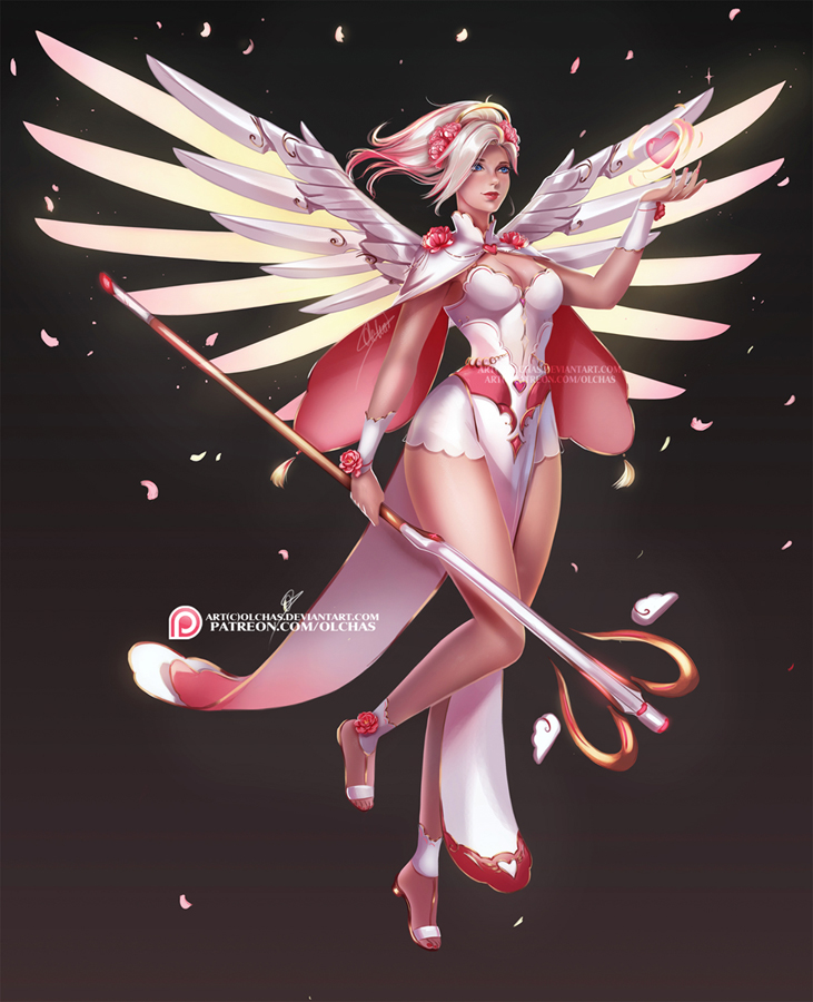 1girl adapted_costume alternate_costume blonde_hair blue_eyes bodice breasts cape cleavage faulds floating flower full_body glowing glowing_wings gradient gradient_background gradient_hair grey_background hair_flower hair_ornament heart holding holding_staff light_smile lipstick looking_away makeup mechanical_halo mechanical_wings medium_breasts mercy_(overwatch) multicolored_hair nose olga_solovian one_leg_raised overwatch pelvic_curtain peony_(flower) petals pink_hair red_lipstick rose signature sleeveless solo spread_wings staff watermark web_address wings yellow_wings