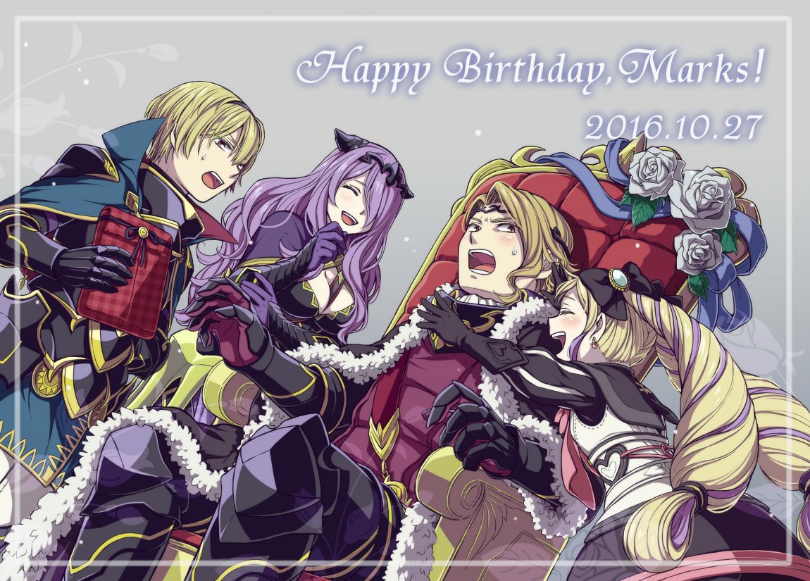 2boys 2girls armor black_gloves blonde_hair breasts brother_and_sister brothers camilla_(fire_emblem_if) cleavage closed_eyes dress elise_(fire_emblem_if) fire_emblem fire_emblem_if flower gift gloves hair_over_one_eye hair_ribbon hairband happy_birthday hiyori_(rindou66) leon_(fire_emblem_if) long_hair marx_(fire_emblem_if) multicolored_hair multiple_boys multiple_girls open_mouth purple_hair ribbon short_hair siblings sisters sitting sweatdrop twintails