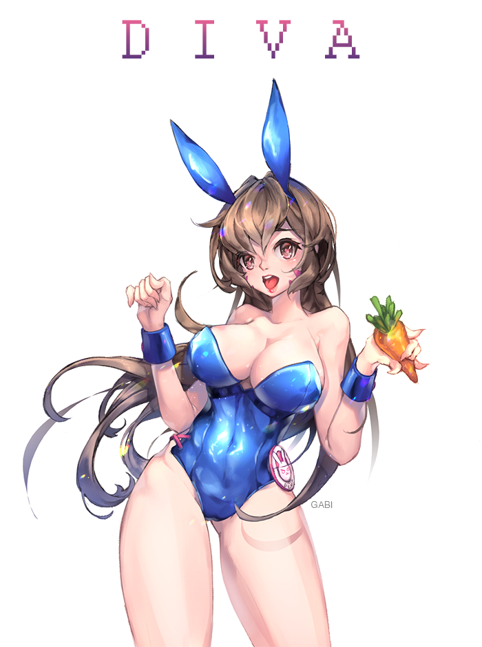 1girl animal_ears artist_name bangs bare_shoulders blue_leotard breasts brown_eyes brown_hair bunny_girl bunnysuit carrot character_name cleavage clenched_hand collarbone contrapposto covered_navel cowboy_shot d.va_(overwatch) detached_collar facepaint facial_mark fake_animal_ears fingernails food fruit gabi gluteal_fold groin hair_between_eyes hands_up heart heart-shaped_pupils highleg highleg_leotard holding holding_food large_breasts legs_apart leotard lips lipstick long_hair long_legs looking_at_viewer makeup open_mouth overwatch rabbit_ears red_lipstick simple_background solo standing strapless strapless_leotard symbol-shaped_pupils teeth tongue vegetable whisker_markings white_background wrist_cuffs