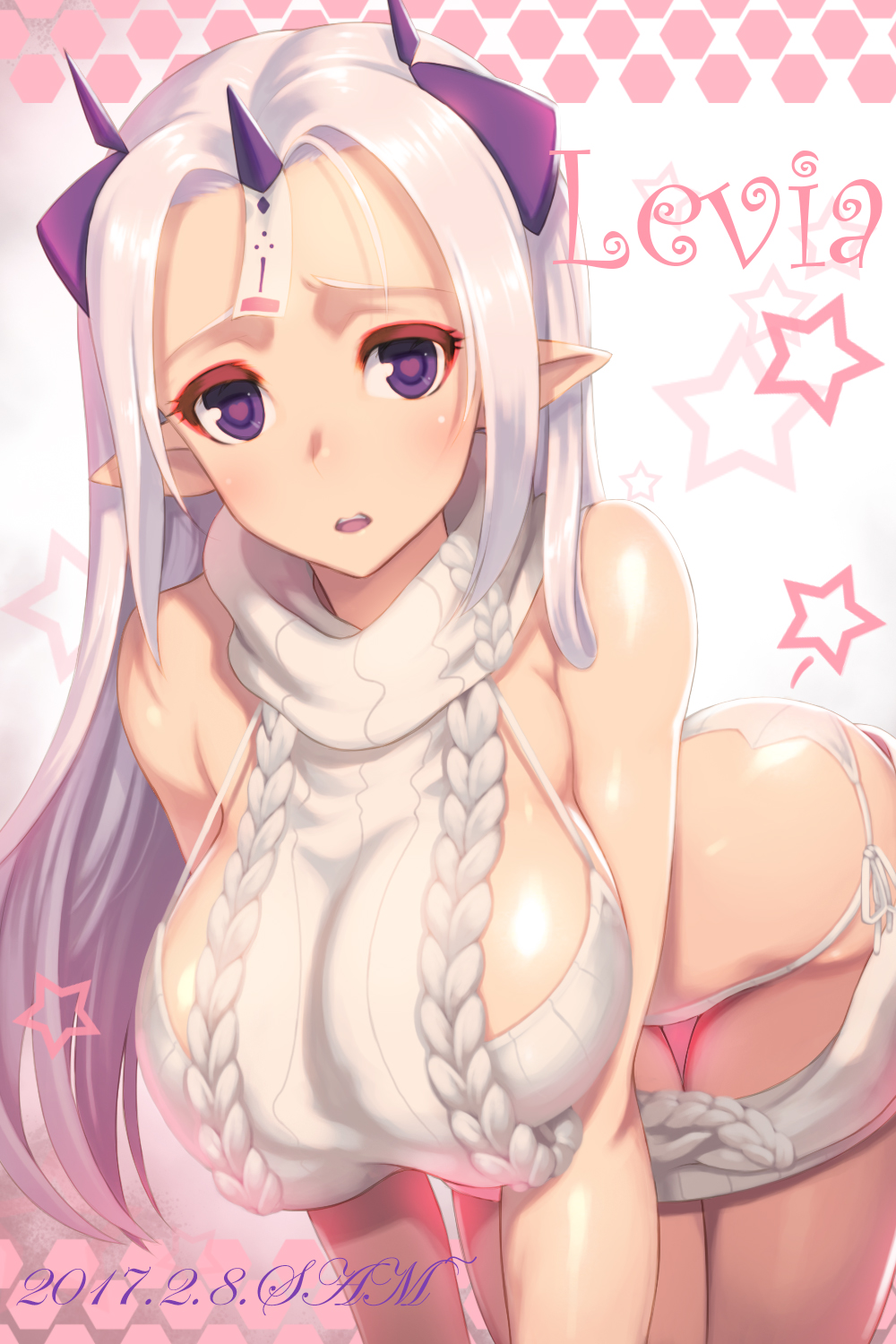 1girl 2017 all_fours aran_sweater backless_outfit bare_shoulders bikini blush breasts character_name closers dated dress ecell hanging_breasts highres horns large_breasts levia_(closers) long_hair looking_at_viewer ofuda open-back_dress open_mouth pointy_ears ribbed_bikini ribbed_sweater shiny shiny_hair shiny_skin side-tie_bikini sideboob silver_hair solo star sweater sweater_dress swimsuit thigh_gap turtleneck turtleneck_sweater violet_eyes virgin_killer_sweater