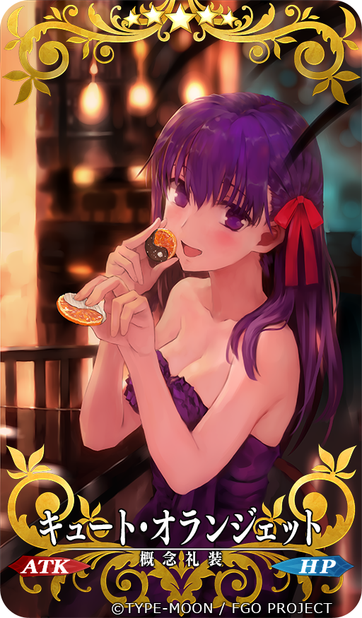 1girl :d bangs bar bar_stool bare_arms bare_shoulders blurry blurry_background blush bob_(biyonbiyon) breasts chair chocolate cleavage collarbone copyright_name depth_of_field dress evening_gown fate/stay_night fate_(series) food fruit hair_ribbon head_tilt holding holding_food holding_fruit indoors light long_hair looking_at_viewer mandarin_orange matou_sakura medium_breasts no_pupils open_mouth purple_dress purple_hair red_ribbon ribbon sitting smile solo star stool straight_hair strapless strapless_dress table tareme translation_request type-moon upper_body violet_eyes