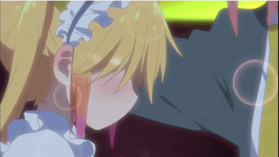2girls animated animated_gif black_legwear blonde_hair blush_stickers closed_eyes commentary dragon_girl dragon_horns dragon_tail elbow_gloves glasses gloves hand_holding heart horns knocking kobayashi-san_chi_no_maidragon kobayashi_(maidragon) long_hair long_sleeves lowres maid maid_headdress multiple_girls necktie open_mouth puffy_short_sleeves puffy_sleeves redhead short_ponytail short_sleeves subtitled table tail tail_wagging tooru_(maidragon) translated twintails wall white_gloves yuri