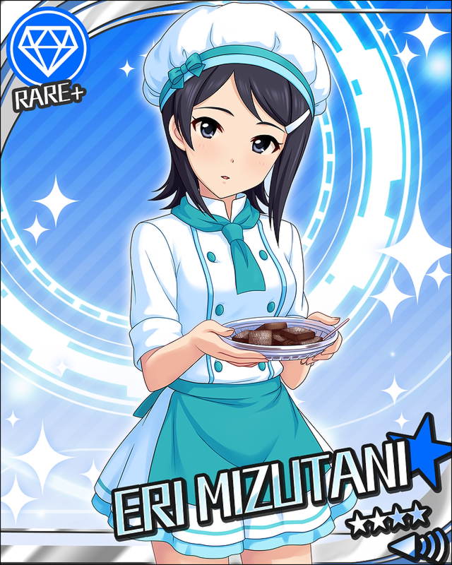 1girl asymmetrical_hair blue_eyes blue_hair blush buttons card_(medium) character_name chef_hat chef_uniform chocolate_making cooking diamond_(symbol) ears hair_ornament hairclip hat idolmaster idolmaster_cinderella_girls idolmaster_dearly_stars looking_at_viewer mizutani_eri neck_ribbon official_art open_mouth ribbon skirt solo