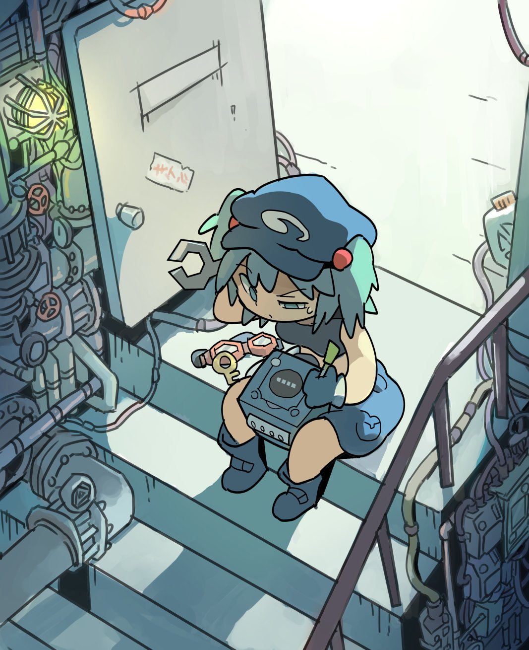 1girl blue_eyes blue_hair door dutch_angle from_above game_console gamecube goggles goggles_removed hair_bobbles hair_ornament hat highres interior kawashiro_nitori key moyazou_(kitaguni_moyashi_seizoujo) pipes repairing sleeveless solo stairs touhou two_side_up wrench