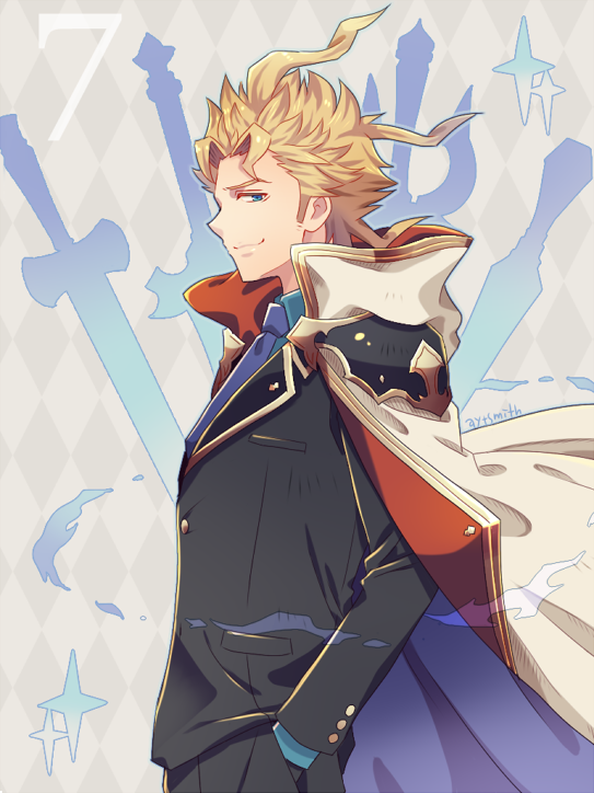 1boy alternate_costume argyle argyle_background ayuto blonde_hair blue_eyes cape collared_shirt colored commentary commentary_request formal from_side granblue_fantasy necktie number shirt short_hair siete solo sparkle suit sword weapon