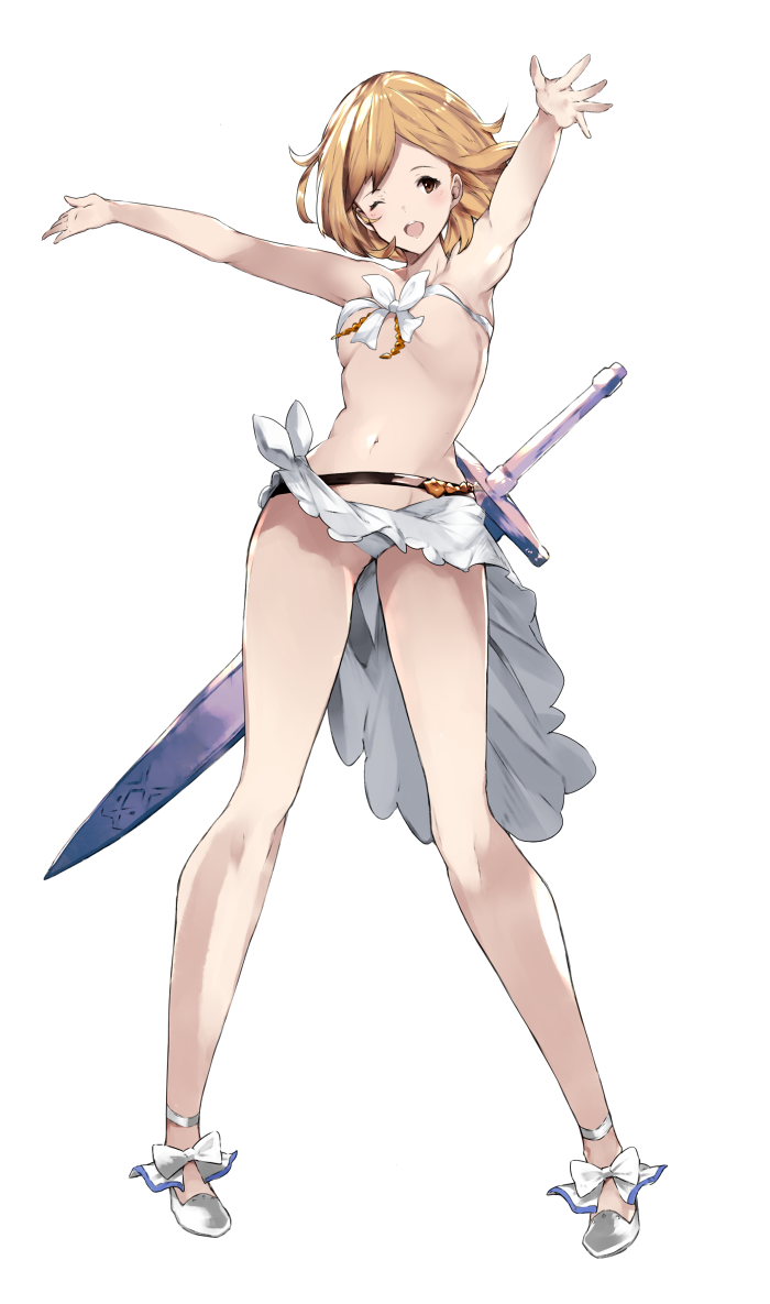 1girl ;d akiha_(attract) armpits arms_up bare_legs behind_back belt beltbra blush bow breasts brown_eyes collarbone djeeta_(granblue_fantasy) full_body granblue_fantasy navel official_style one_eye_closed open_mouth orange_hair outstretched_arms sarong shoes simple_background smile solo standing stomach sword under_boob weapon white_background white_bow white_shoes