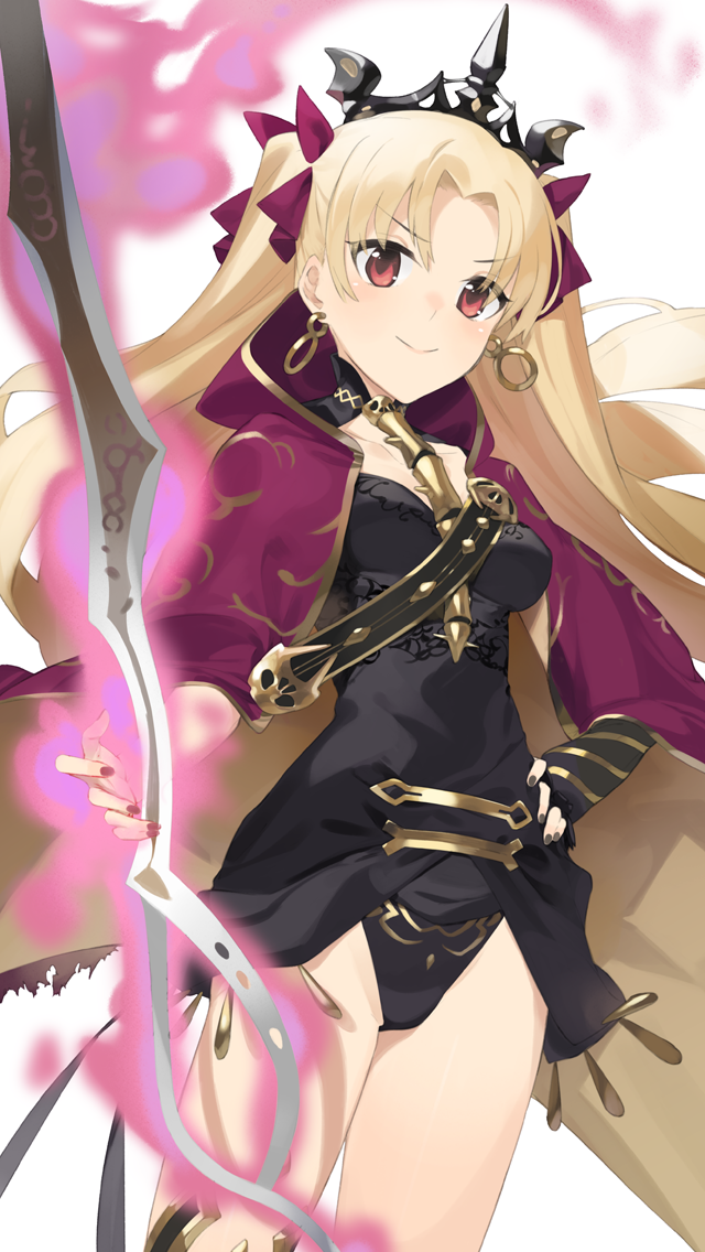 &gt;:) 1girl arm_guards bangs between_breasts black_leotard black_nails blonde_hair blush bow_(weapon) breasts cape closed_mouth collarbone cowboy_shot earrings ereshkigal_(fate/grand_order) fate/grand_order fate_(series) glowing glowing_weapon hair_ribbon hand_on_hip hayashi_kewi hoop_earrings jewelry long_hair medium_breasts nail_polish parted_bangs purple_cape purple_ribbon red_eyes ribbon shiny shiny_skin simple_background solo standing straight_hair strap_cleavage thigh_strap thighs tiara tohsaka_rin very_long_hair weapon white_background
