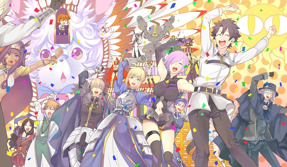 6+boys 6+girls :d ahoge archer_(fate/extra) artist_request billy_the_kid_(fate/grand_order) boudica_(fate/grand_order) cape carnival_phantasm caster_(fate/prototype_fragments) charles_babbage_(fate/grand_order) confetti edmond_dantes_(fate/grand_order) elizabeth_bathory_(halloween)_(fate) everyone fate/extra fate/grand_order fate/prototype fate/prototype:_fragments_of_blue_and_silver fate_(series) fou_(fate/grand_order) fujimaru_ritsuka_(female) fujimaru_ritsuka_(male) gawain_(fate/extra) hat lancer lancer_(fate/extra_ccc) leonardo_da_vinci_(fate/grand_order) leonidas_(fate/grand_order) medjed multiple_boys multiple_girls navel nitocris_(fate/grand_order) open_mouth parody riyo_(lyomsnpmp)_(style) romani_akiman saber shielder_(fate/grand_order) smile tagme thigh_strap throne uniform ushiwakamaru_(fate/grand_order) wolfgang_amadeus_mozart_(fate/grand_order)