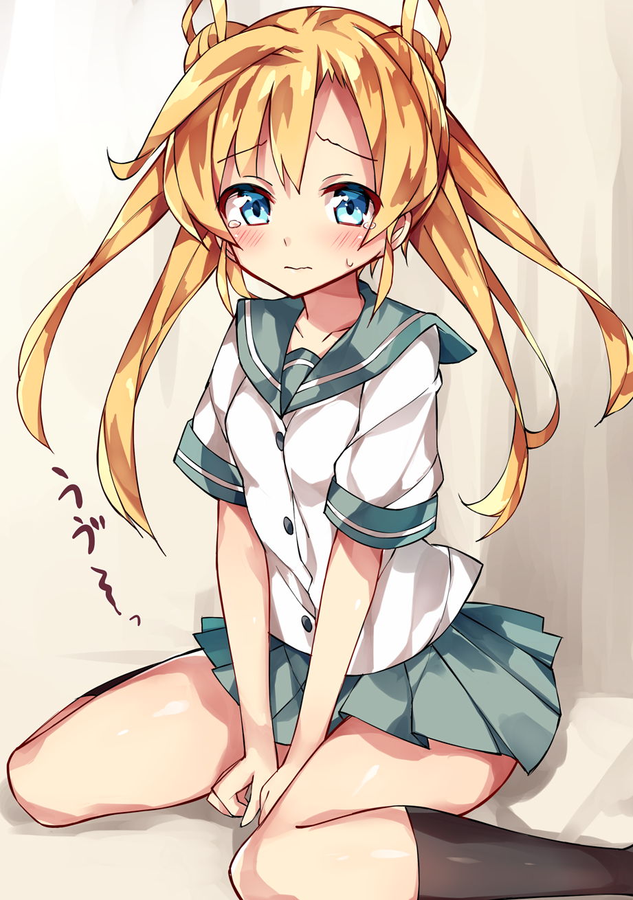 1girl abukuma_(kantai_collection) blonde_hair blue_eyes highres kantai_collection long_hair school_uniform serafuku sitting skirt tears twintails unacchi_(nyusankin)