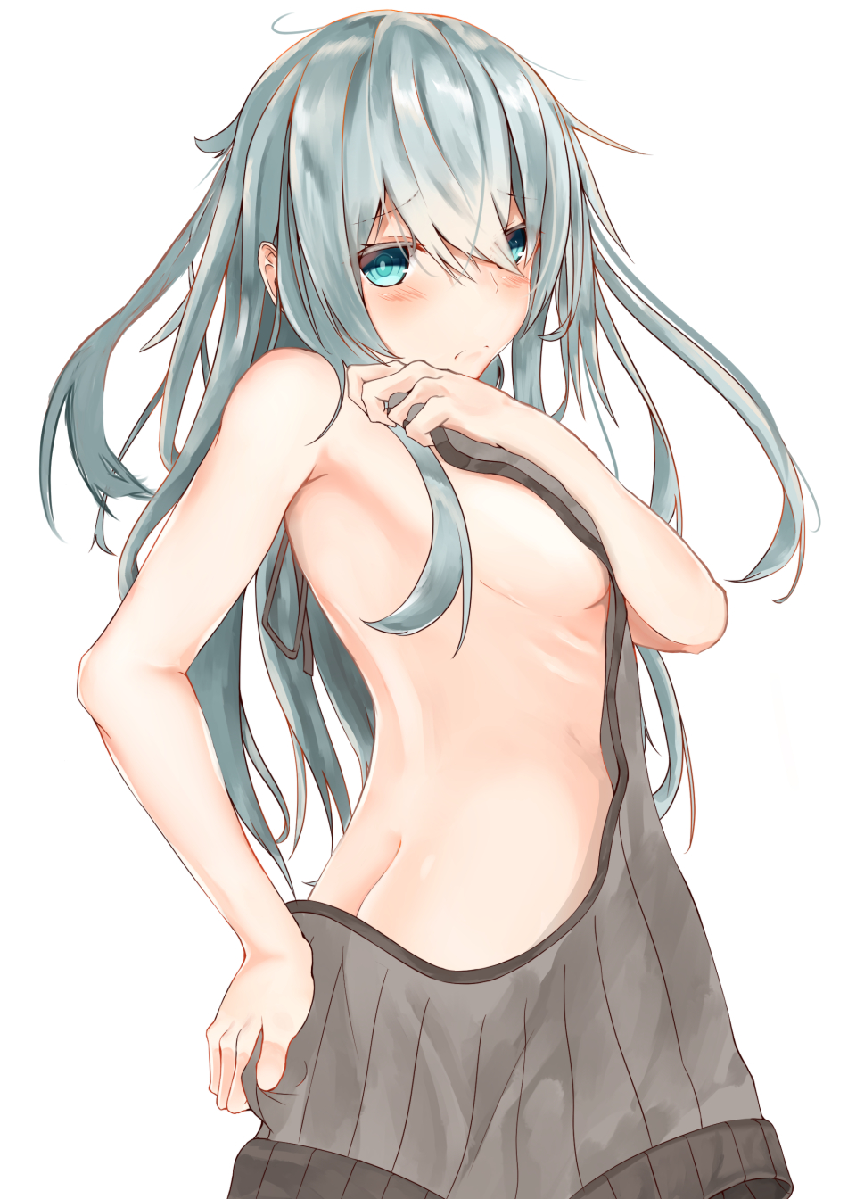 1girl alternate_costume aran_sweater armpits ass back backless_outfit bare_arms bare_back bare_shoulders breasts commentary_request dress from_behind grey_sweater halterneck hibiki_(kantai_collection) highres kantai_collection long_hair looking_at_viewer looking_back naked_sweater no_bra no_panties no_underwear open-back_dress ribbed_sweater sideboob solo sweater sweater_dress syun_(05250) turtleneck turtleneck_sweater verniy_(kantai_collection) virgin_killer_sweater wardrobe_error