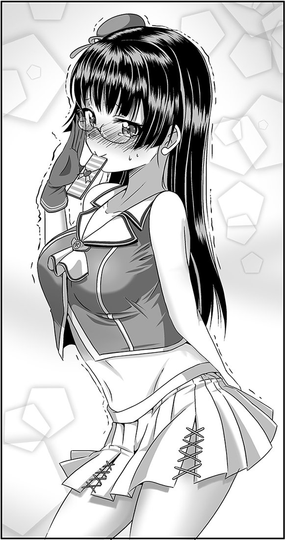 1girl arm_behind_back ascot beret blush breasts chocolate_bar choukai_(kantai_collection) commentary_request embarrassed glasses gloves greyscale hat heart kantai_collection large_breasts long_hair looking_at_viewer midriff mini_hat monochrome mouth_hold navel nose_blush pleated_skirt remodel_(kantai_collection) school_uniform serafuku shino_(ponjiyuusu) shirt skirt sleeveless sleeveless_shirt smile solo sparkle_background tearing_up trembling