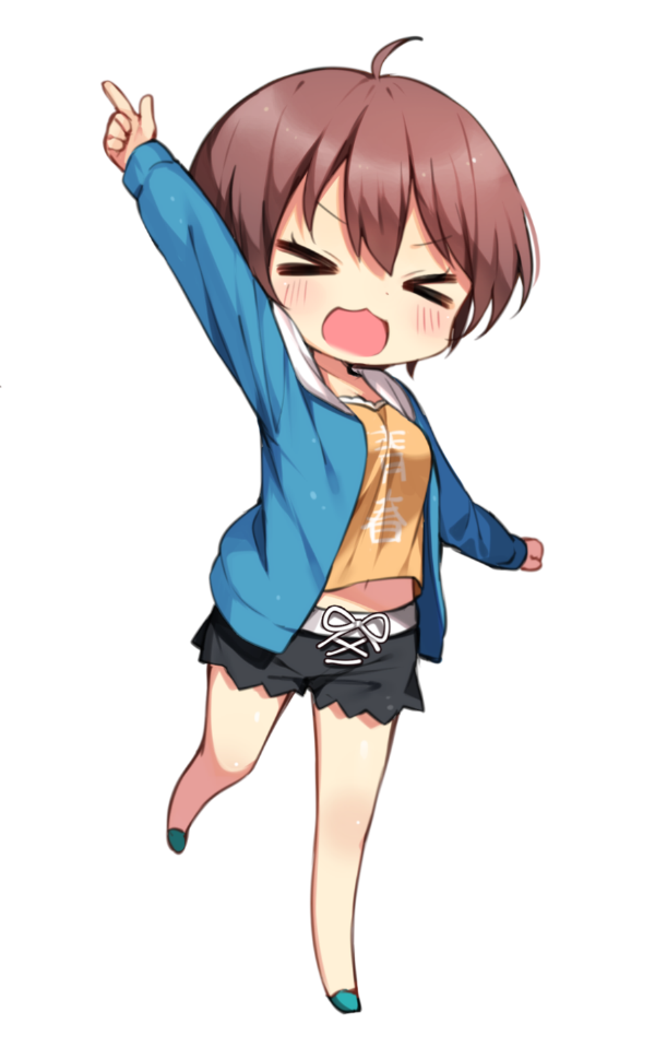 &gt;:3 &gt;:d &gt;_&lt; 1girl :3 :d ahoge arm_up black_shorts blue_jacket blush brown_hair chibi closed_eyes clothes_writing collarbone crop_top eyebrows_visible_through_hair full_body hair_between_eyes head_tilt jacket leg_up long_sleeves midriff new_game! open_clothes open_jacket open_mouth orange_shirt outstretched_arm pointing pointing_up shinoba shinoda_hajime shirt shoes short_hair shorts simple_background smile solo white_background
