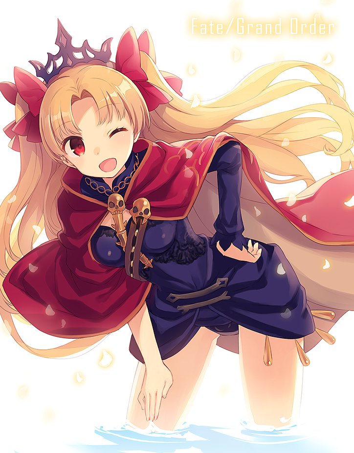 1girl ;d bangs blonde_hair blue_dress blush breasts cloak copyright_name dress ereshkigal_(fate/grand_order) eyebrows_visible_through_hair fate/grand_order fate_(series) floating_hair hand_on_hip leaning_forward long_hair looking_at_viewer medium_breasts one_eye_closed open_mouth parted_bangs petals red_eyes skull smile solo tiara tohsaka_rin two_side_up wading water white_background yashiro_seika