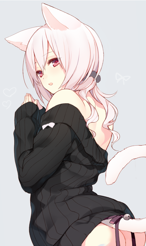 1girl albino animal_ears ass bangs bare_shoulders bell black_ribbon black_sweater blush cat_ears cat_girl cat_tail eyebrows_visible_through_hair fingers_together from_behind grey_background hair_ornament hair_scrunchie jingle_bell long_hair looking_at_viewer looking_back mayachi_(amuriya) off_shoulder original own_hands_together parted_lips red_eyes ribbed_sweater ribbon scrunchie simple_background solo sweater tail tail_ribbon upper_body wavy_hair white_hair