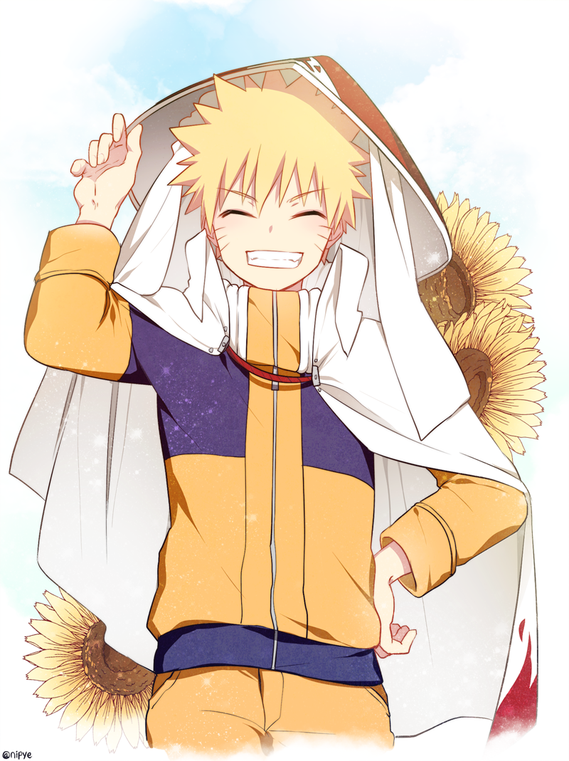 1boy blonde_hair cape closed_eyes flower grin hand_on_hip hat male_focus naruto nipye smile solo sunflower twitter_username uzumaki_naruto