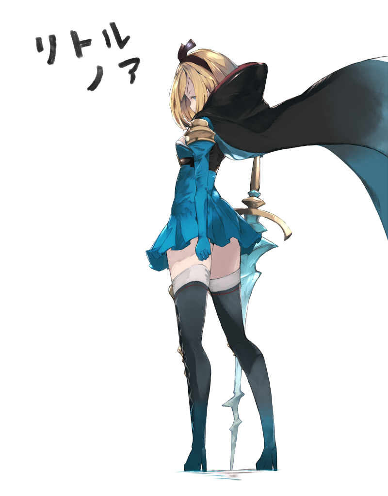1girl akiha_(attract) aqua_dress black_boots black_legwear black_ribbon blonde_hair blue_eyes boots cape cloak copyright_name dress from_side full_body hair_ribbon high_heel_boots high_heels juliet_sleeves little_noah long_sleeves looking_at_viewer looking_back noah_(little_noah) puffy_sleeves ribbon short_dress simple_background solo standing sword thigh-highs thigh_boots weapon white_background