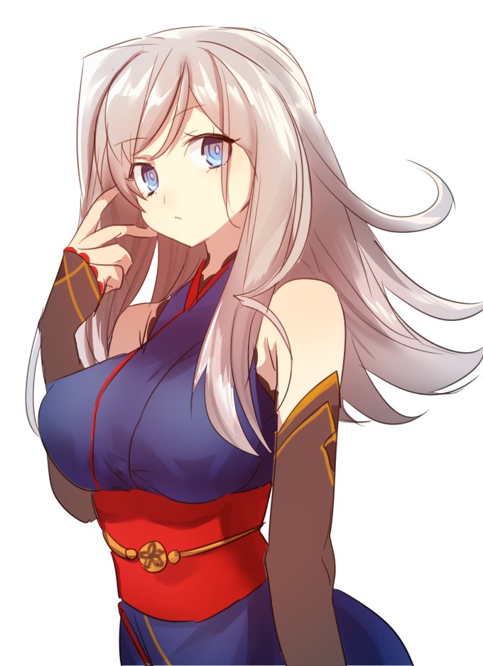 1girl alternate_hairstyle bangs black_gloves blue_eyes blue_kimono closed_mouth detached_sleeves elbow_gloves eyebrows_visible_through_hair fate/grand_order fate_(series) gloves hair_down hand_in_hair hand_up japanese_clothes kimono long_hair looking_at_viewer miyamoto_musashi_(fate/grand_order) obi sash shiitakepilze silver_hair simple_background sleeveless sleeveless_kimono solo upper_body white_background