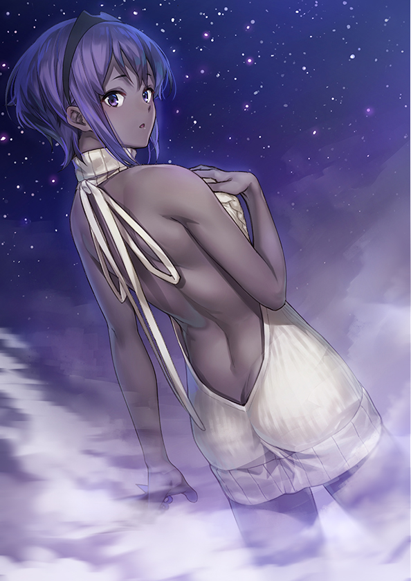 1girl aran_sweater ass assassin_(fate/prototype_fragments) backless_outfit bangs bare_back bare_shoulders between_fingers breast_suppress breasts cowboy_shot dark_skin dress dutch_angle fate/prototype fate/prototype:_fragments_of_blue_and_silver fate_(series) from_behind hairband halterneck hand_on_breast holding holding_weapon kunai looking_at_viewer looking_back naked_sweater night night_sky no_bra no_panties open-back_dress oto_(ginswallow) outdoors parted_lips purple_hair short_hair sidelocks sky smoke solo star_(sky) starry_sky sweater sweater_dress turtleneck turtleneck_sweater violet_eyes virgin_killer_sweater weapon white_sweater
