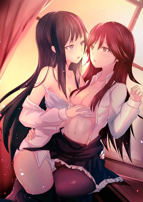 2girls antiqq arashio_(kantai_collection) arm_around_waist asashio_(kantai_collection) bangs bare_shoulders between_legs black_hair black_legwear bra bra_pull breast_pocket breasts brown_eyes brown_hair classroom cleavage collarbone cowboy_shot curtains desk dress_shirt dutch_angle eye_contact eyebrows_visible_through_hair hand_up indoors kantai_collection light_particles long_hair long_sleeves looking_at_another medium_breasts miniskirt multicolored_hair multiple_girls navel no_pants off_shoulder open_clothes open_shirt panties pantyhose parted_lips pleated_skirt pocket pulled_by_another remodel_(kantai_collection) saliva saliva_trail school_desk shirt skirt stomach strap_slip streaked_hair thigh-highs thigh_straddling twilight unbuttoned underwear white_bra white_panties white_shirt window yuri