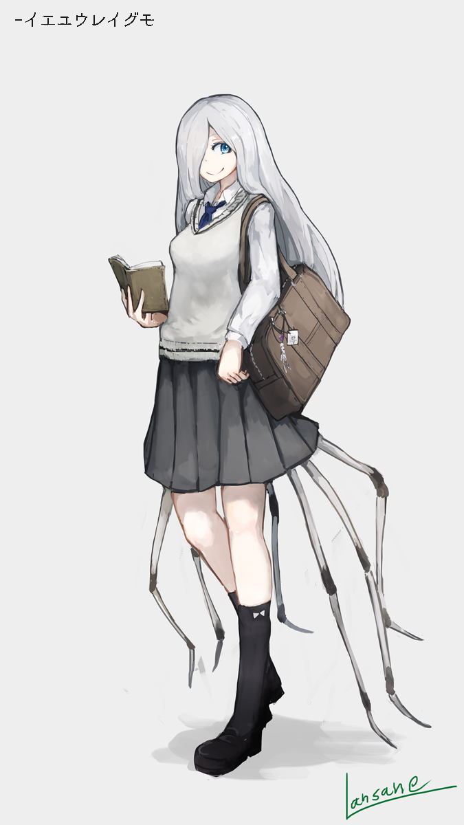 1girl artist_name blue_eyes book breasts bus grey_skirt ground_vehicle hair_over_one_eye highres holding holding_book insect_girl lansane long_sleeves looking_at_viewer medium_breasts motor_vehicle necktie original personification pleated_skirt shadow shirt shoes skirt smile socks solo spider spider_girl spider_legs sweater tote_bag translation_request uniform white_background white_hair white_shirt