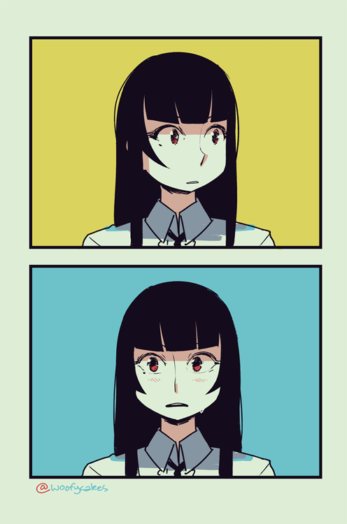 1girl 2koma black_hair blush comic eric_muentes long_hair looking_to_the_side madeline_(eric_muentes) mole mole_under_eye original red_eyes sidelocks simple_background solo sweatdrop
