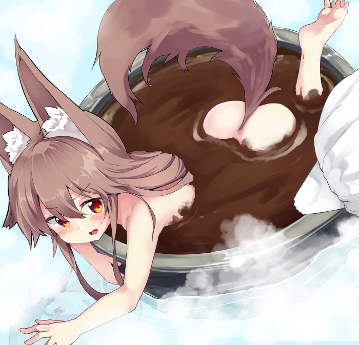 1girl :d animal_ears ass bangs barefoot blush brown_hair commentary_request dutch_angle fang fox_ears fox_tail from_above hair_between_eyes hot_chocolate in_container leg_up long_hair looking_at_viewer noa_(nagareboshi) nude open_mouth original outstretched_arm partially_submerged red_eyes reflection ripples smile soles solo steam sweatdrop toes valentine water