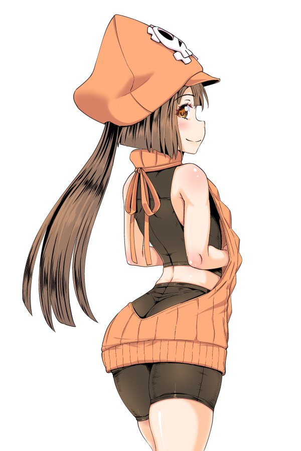 1girl aran_sweater ass backless_outfit bangs bike_shorts blush brown_hair butt_crack closed_mouth dress from_behind guilty_gear guilty_gear_xrd halterneck hat long_hair looking_at_viewer looking_back may_(guilty_gear) open-back_dress orange_eyes orange_hat orange_sweater pirate_hat ponkotsu ribbed_sweater simple_background skull_and_crossbones smile solo sweater sweater_dress turtleneck turtleneck_sweater virgin_killer_sweater white_background