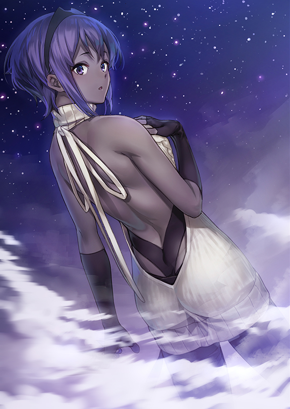 1girl aran_sweater ass assassin_(fate/prototype_fragments) backless_outfit bangs bare_back bare_shoulders between_fingers black_gloves breast_suppress breasts cowboy_shot dark_skin dress dutch_angle fate/prototype fate/prototype:_fragments_of_blue_and_silver fate_(series) fingerless_gloves from_behind gloves hairband halterneck hand_on_breast holding holding_weapon kunai looking_at_viewer looking_back night night_sky open-back_dress oto_(ginswallow) outdoors parted_lips purple_hair short_hair sidelocks skin_tight sky smoke solo star_(sky) starry_sky sweater sweater_dress turtleneck turtleneck_sweater violet_eyes virgin_killer_sweater weapon white_sweater