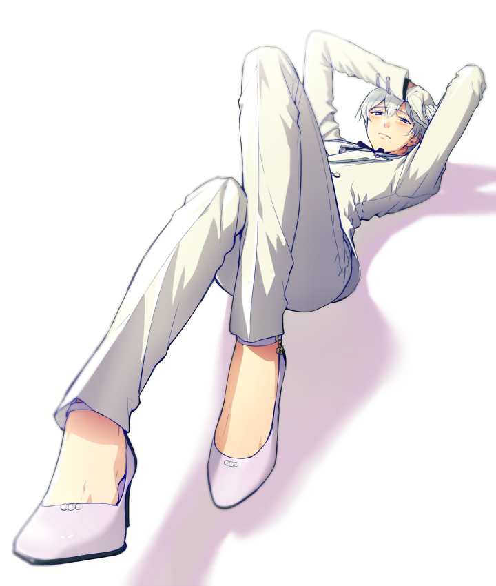 1boy blush formal gloves high_heels idolish_7 looking_at_viewer lying male_focus military on_back osaka_sougo palru_s2 pants shadow short_hair simple_background solo suit uniform violet_eyes white_background white_gloves white_pants