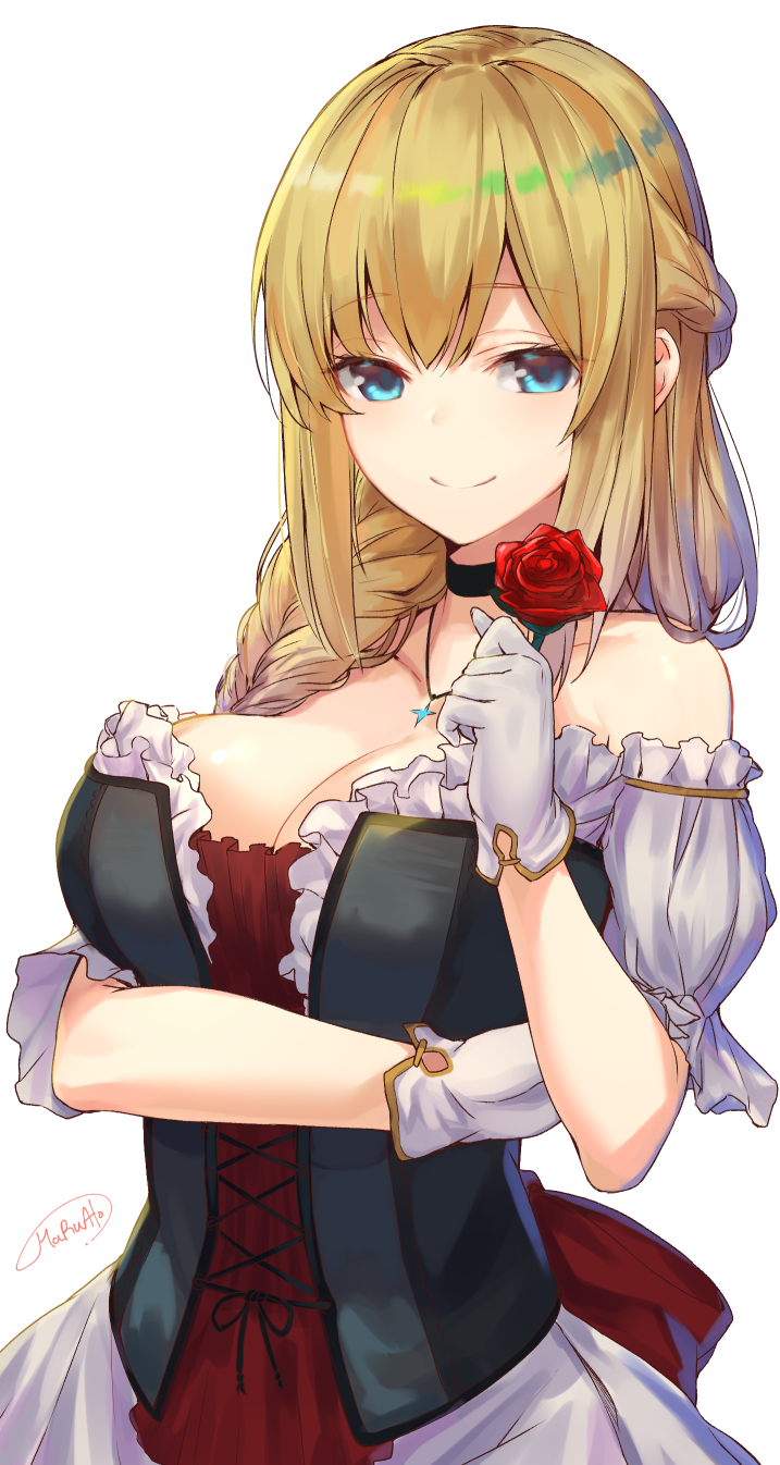 1girl artist_name ato_(haru_ato) blonde_hair blue_eyes blush braid breast_hold breasts cleavage corset dress flower gloves half_updo highres holding holding_flower large_breasts long_hair looking_at_viewer original red_rose rose side_braid signature simple_background single_braid smile solo upper_body white_background white_gloves