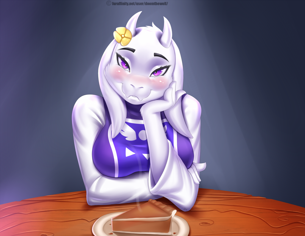 1girl blush breasts chin_rest commentary doom_x_wolf eyebrows eyeliner fangs flower food furry goat_ears goat_horns hair_flower hair_ornament horns large_breasts looking_at_viewer makeup monster_girl pie snout solo toriel tsurime undertale violet_eyes