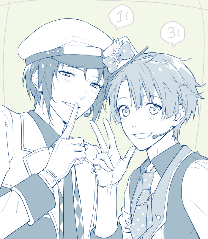 2boys blue_background blush brothers finger_to_mouth flat_sign gloves grin hat headset idol idolish_7 izumi_iori izumi_mitsuki looking_at_viewer male_focus mini_hat mini_top_hat monochrome multiple_boys necktie palru_s2 polka_dot siblings smile square top_hat upper_body v vest