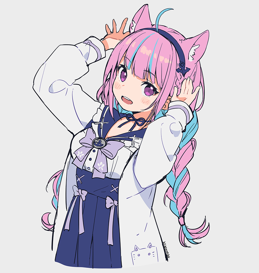 1girl ahoge animal_ears arms_up artist_name blue_hair blue_neckwear blue_ribbon blush bow bowtie braid cat_ears cropped_torso grey_background hairband hololive long_hair long_sleeves looking_at_viewer minato_aqua multicolored_hair neck_ribbon ninomae_ina'nis_(artist) open_mouth purple_hair ribbon sailor_collar simple_background solo twin_braids two-tone_hair violet_eyes virtual_youtuber