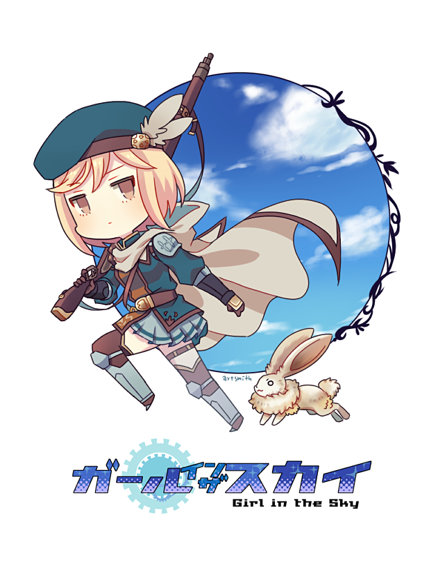 1girl ayuto beret blank_eyes blonde_hair cape clouds cloudy_sky colored djeeta_(granblue_fantasy) expressionless feathers gloves granblue_fantasy gun hat hawkeye_(granblue_fantasy) rabbit short_hair simple_background skirt sky solo text weapon white_background yellow_eyes