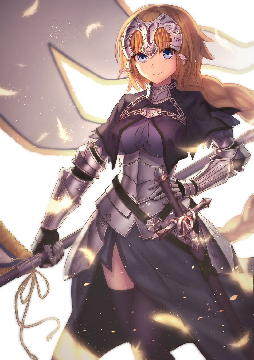 1girl armor armored_dress black_legwear blonde_hair blue_eyes botamochi_(botamochi_art) braid capelet chains commentary_request fate/apocrypha fate_(series) faulds feathers flag gauntlets headpiece light_particles looking_at_viewer ruler_(fate/apocrypha) sheath sheathed simple_background single_braid smile solo sword thigh-highs weapon white_background