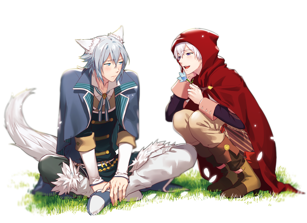 2boys alternate_costume big_bad_wolf big_bad_wolf_(cosplay) blue_eyes boots brown_boots cosplay flower grass hair_between_eyes hood idolish_7 indian_style kemonomimi_mode little_red_riding_hood little_red_riding_hood_(cosplay) little_red_riding_hood_(grimm) looking_at_another male_focus multiple_boys osaka_sougo palru_s2 petals sitting squatting tail violet_eyes white_background white_hair wolf_boy wolf_tail yotsuba_tamaki